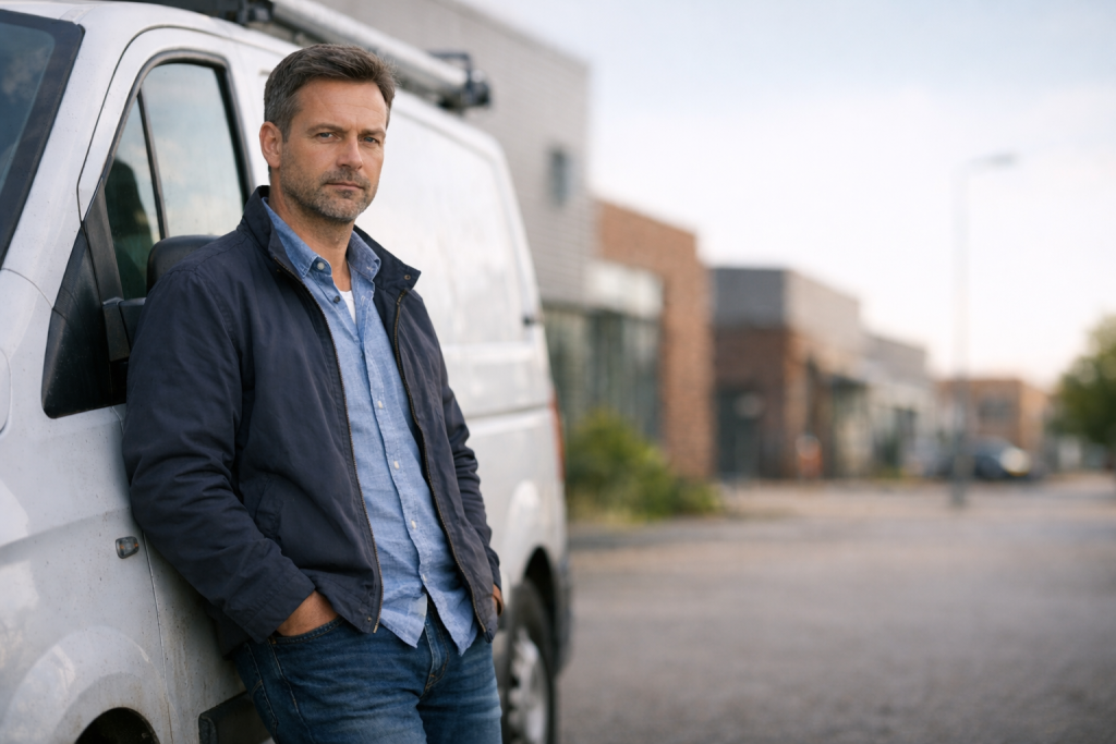 Afbeelding van een man die leunt tegen zijn werkbus